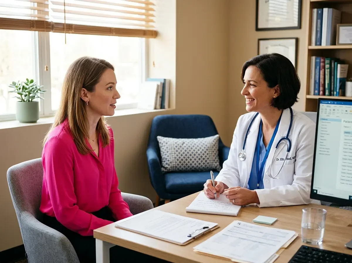 Woman in clinical consultation about PMOS diagnosis — Ms.Medicine on what the PCOS rename means for women's primary care