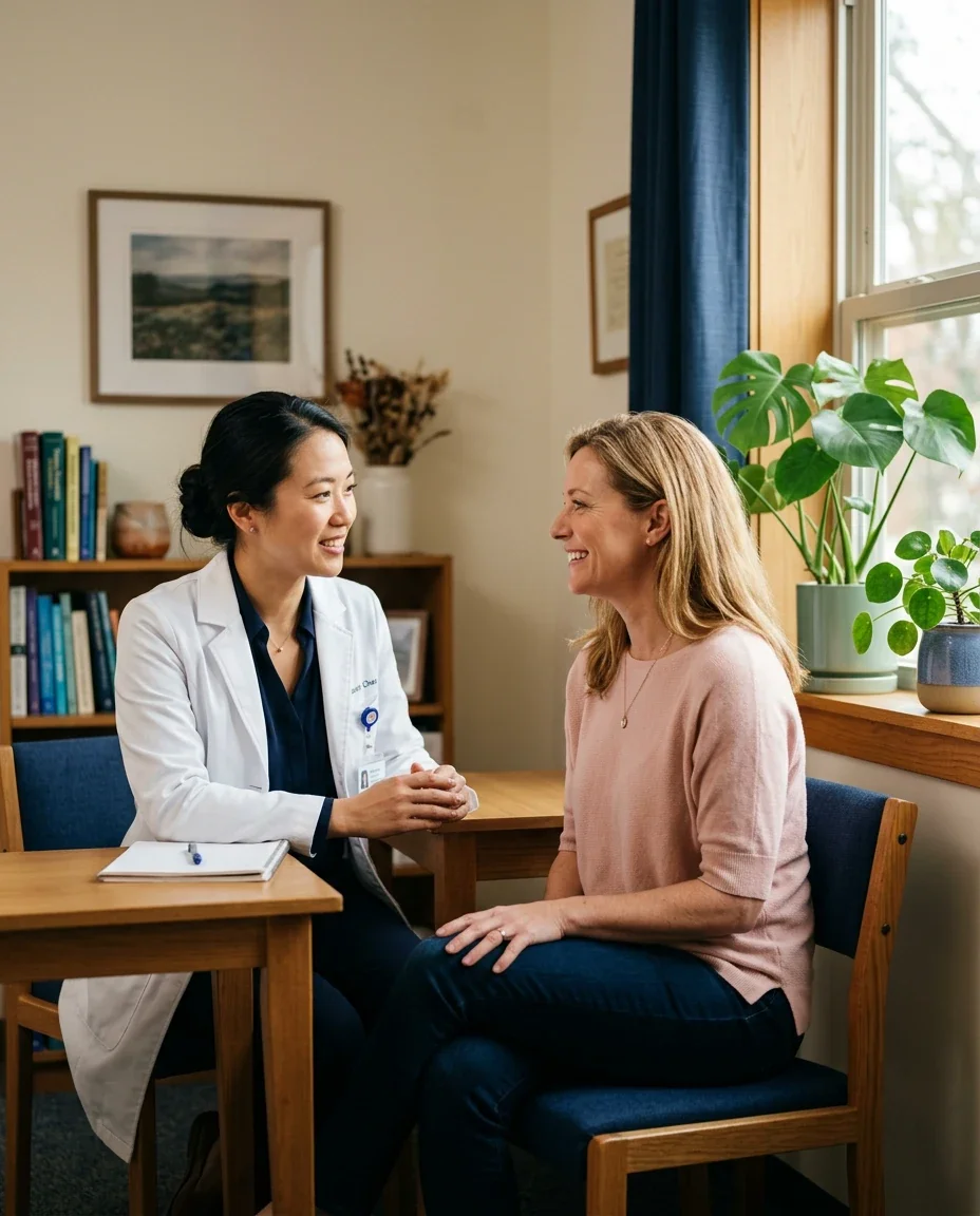 Female physician having an open, unhurried conversation with a patient about sexual health, representing Ms.Medicine's approach to comprehensive women's care