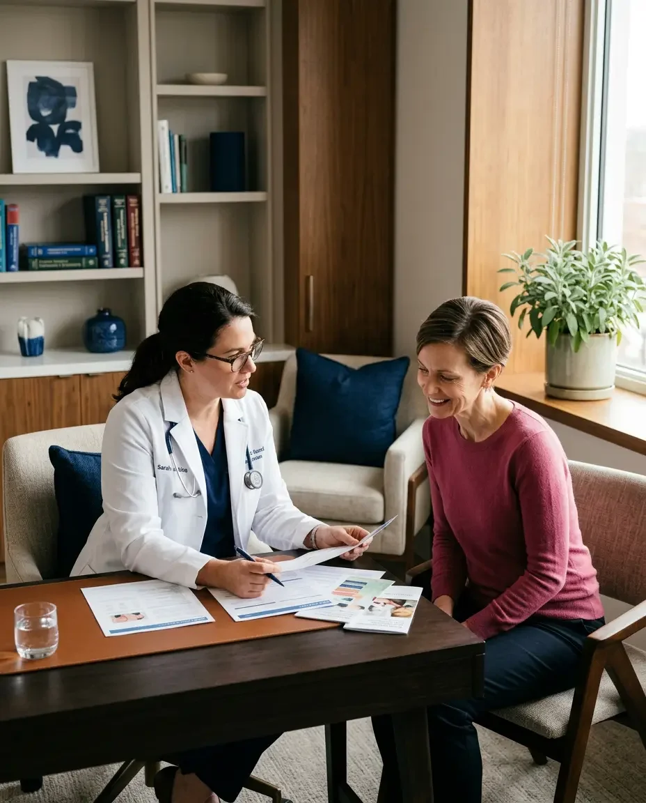 Female physician reviewing cardiovascular risk with a patient, representing Ms.Medicine's proactive approach to heart health screening and heart attack prevention in women