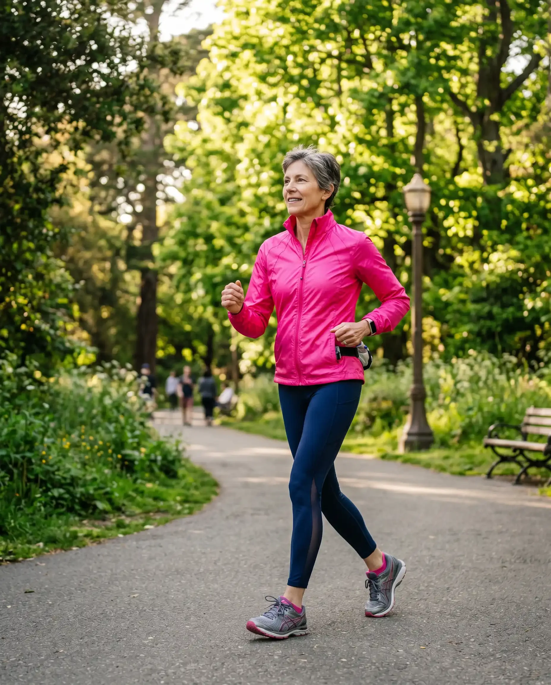 Active woman in her mid-50s walking outdoors, representing the lifestyle habits that reduce stroke risk in women including regular exercise and cardiovascular health management