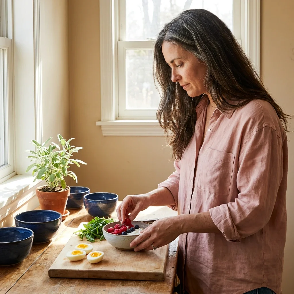 Metabolic health for women: woman tops a yogurt bowl with berries beside boiled eggs, a Ms.Medicine nutrition habit