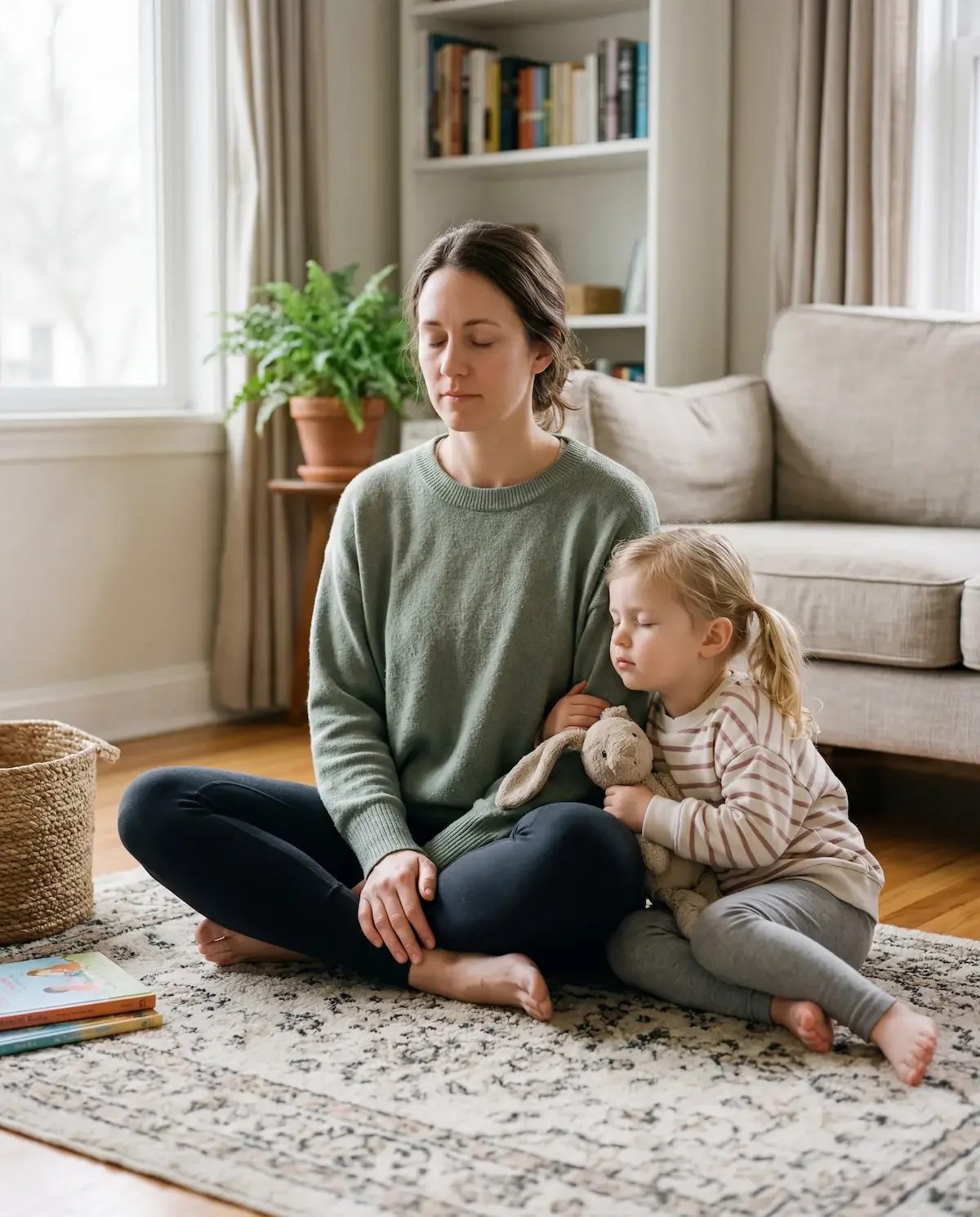 om and child meditating together at home — family mindfulness apps for stress and calm