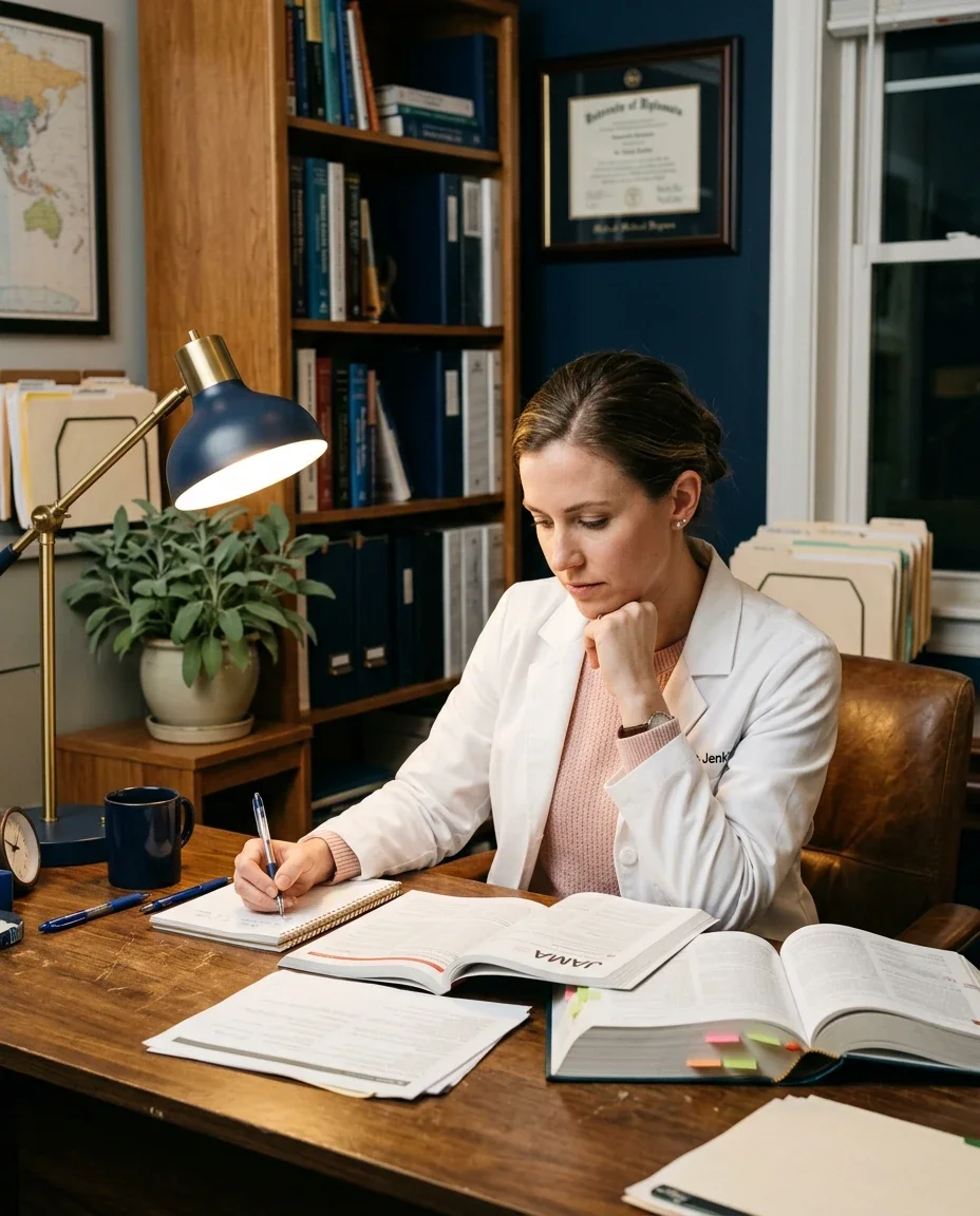 Female physician studying independently at her desk, representing the self-directed clinical education women's health physicians have had to pursue to fill the menopause training gap