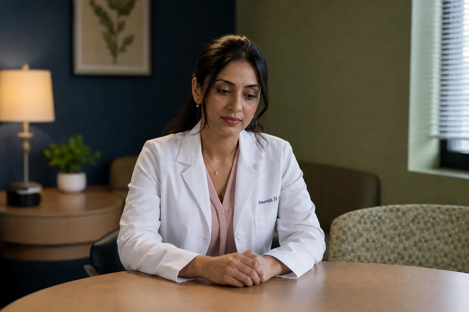 Female physician sitting alone in quiet reflection, representing the experience of moral injury that women's health physicians carry inside a system not designed for them or their patients