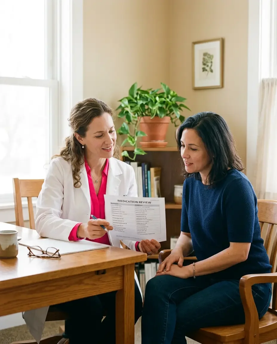 Physician reviewing medications and sleep history with a midlife patient