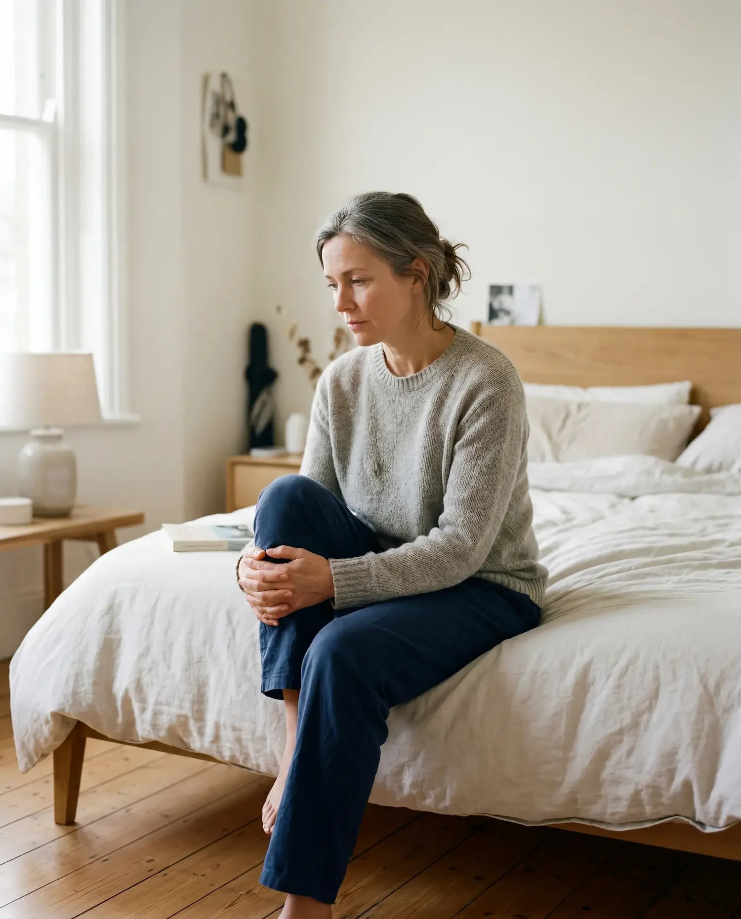 Woman in her late 40s experiencing morning joint stiffness representing the connection between menopause hormones and arthritis symptoms