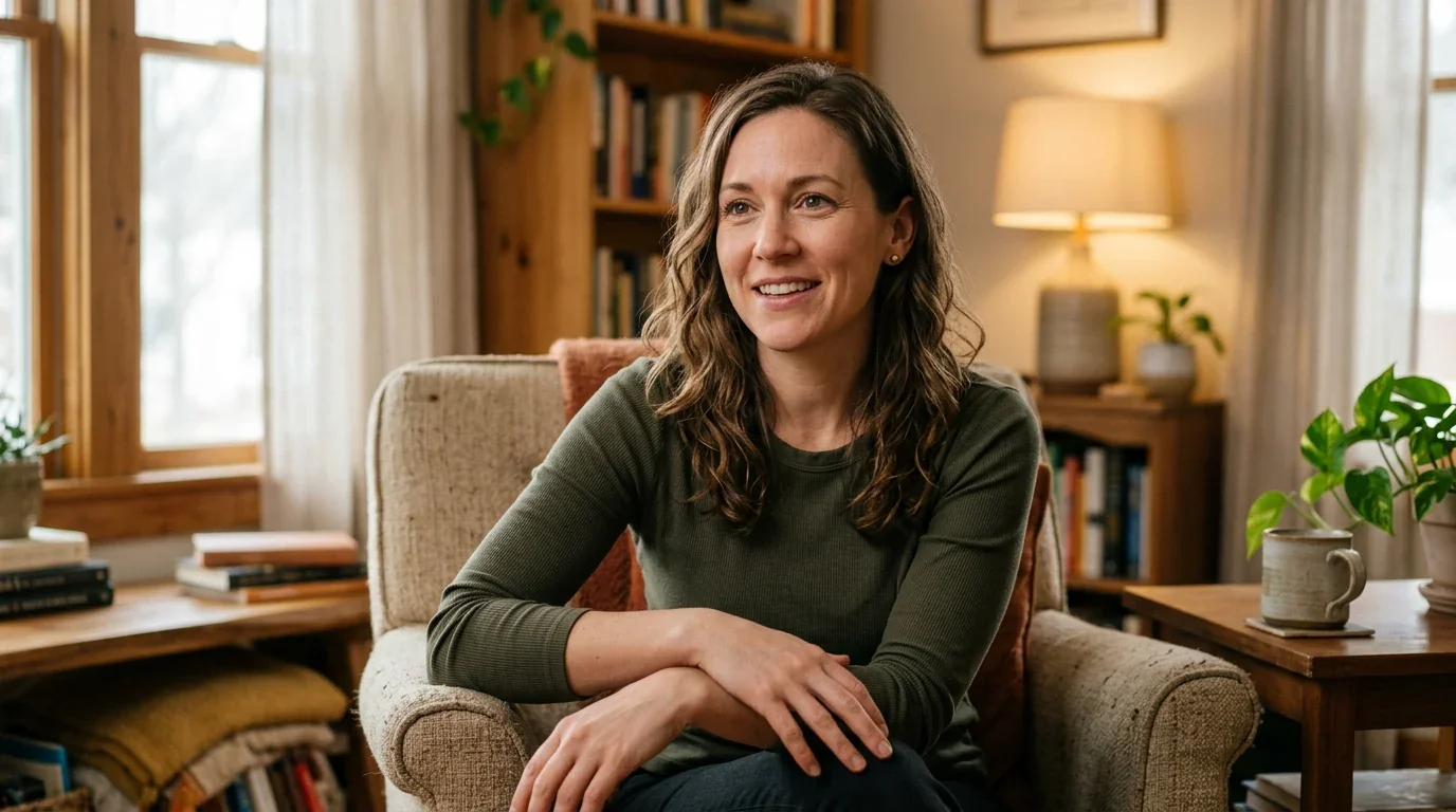 Woman seated in a quietly lit room with an open, thoughtful expression — women's mental health and starting the conversation at Ms.Medicine