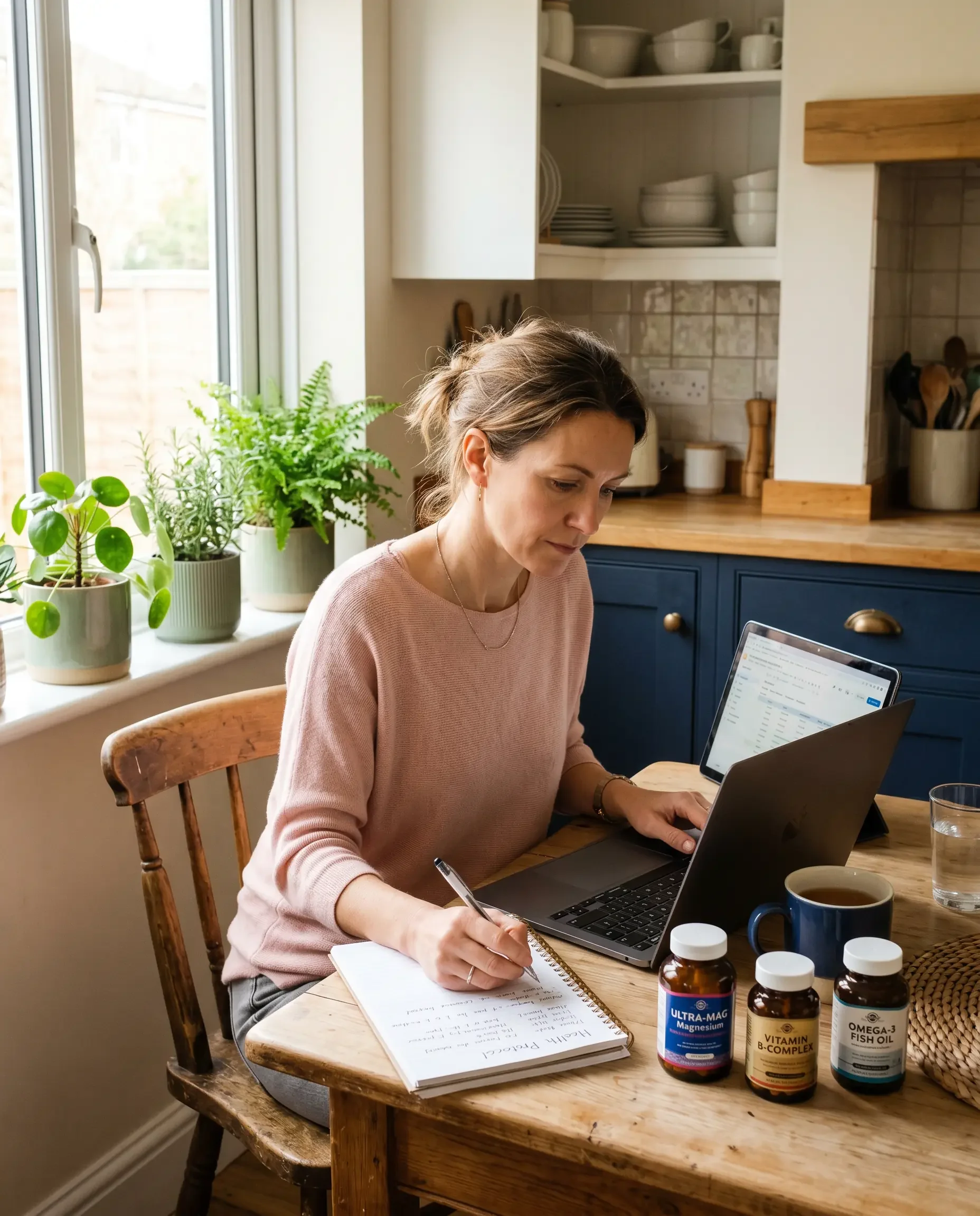 Woman researching sexual wellness supplements at her kitchen table, representing the critical evaluation of libido supplement claims that Ms.Medicine brings to women's sexual health care