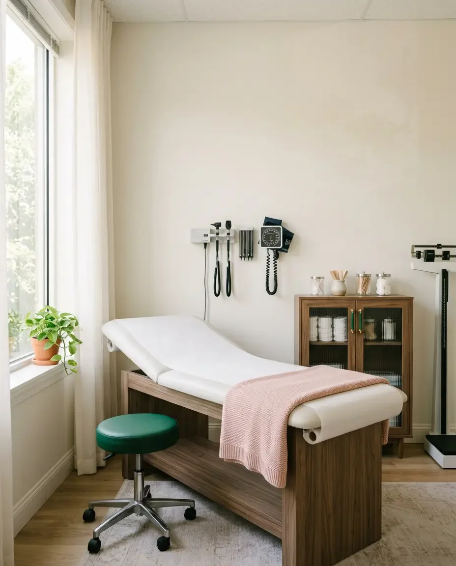 Exam room with wall-mounted blood pressure cuff, supply cabinet, and blush throw — Ms.Medicine concierge care in Frisco