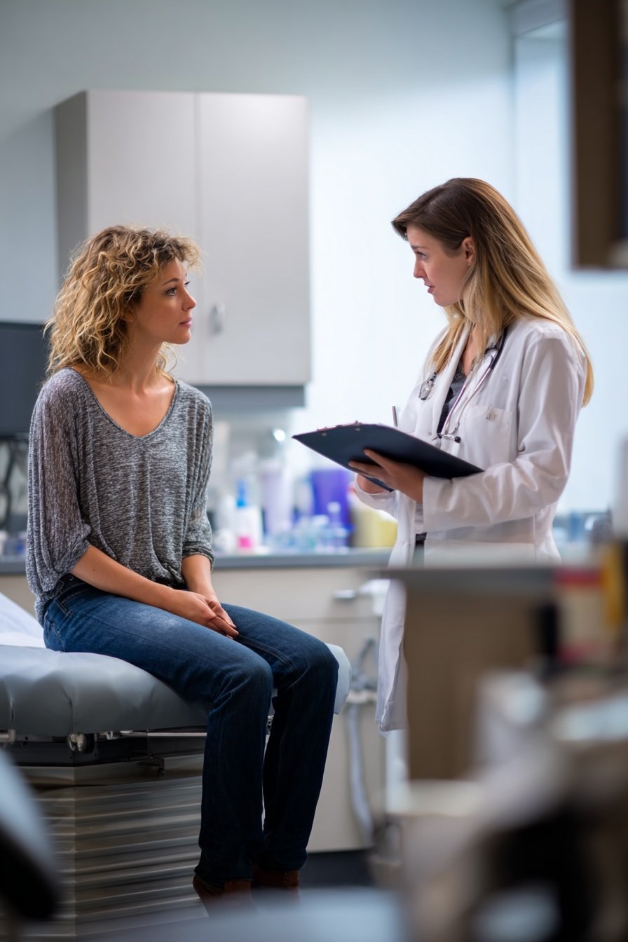 Female patient seated on an exam table with a concerned look as a doctor quickly reviews a clipboard, illustrating the rushed nature of insurance-based medical visits.