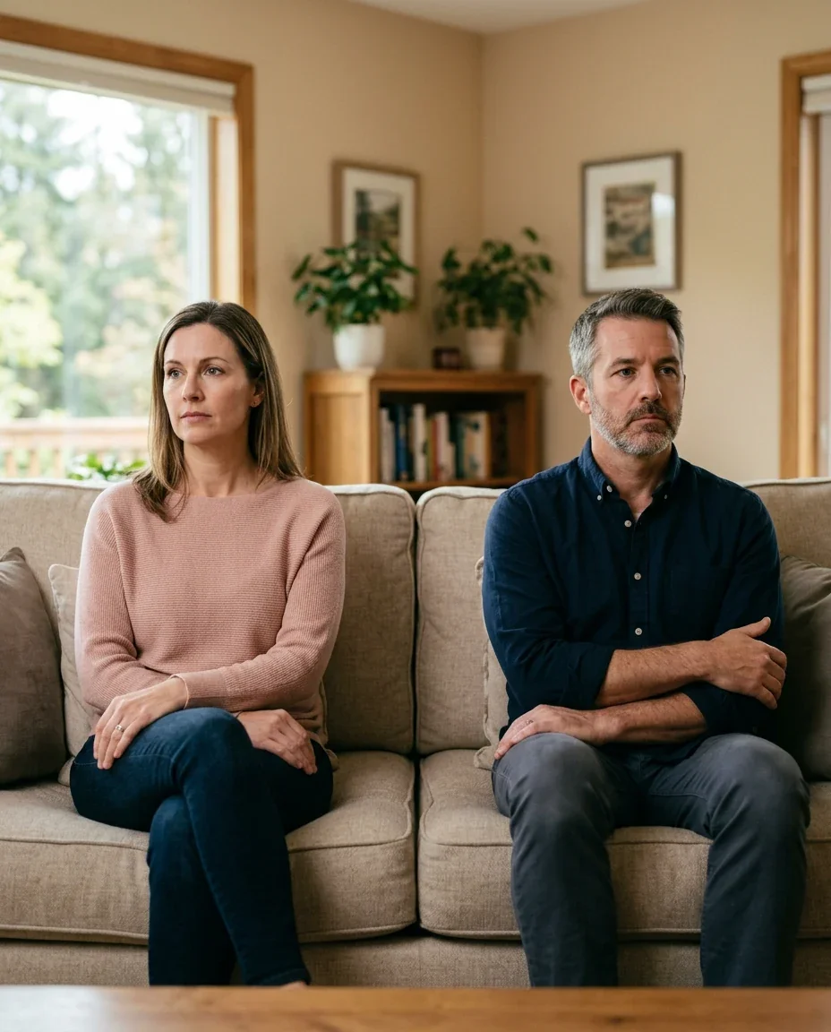 Couple sitting in quiet emotional distance, representing the relational impact erectile dysfunction has on female partners