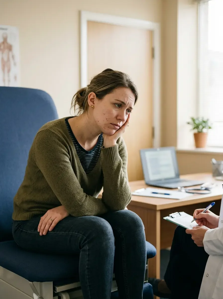 Woman in her late 20s feeling dismissed by her doctor representing the experience of undiagnosed PCOS symptoms in women