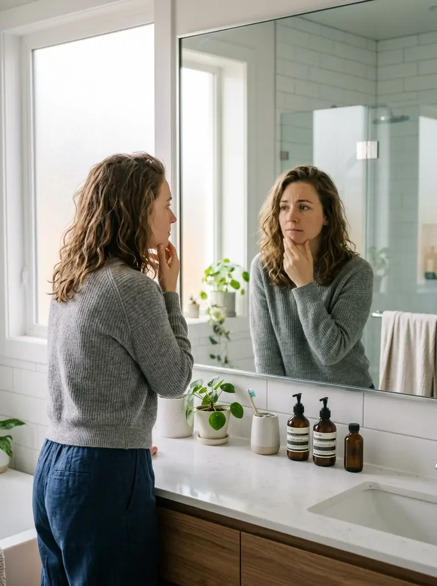 Woman examining early PCOS signs in mirror representing connected hormonal symptoms and Ms.Medicine's comprehensive approach to PCOS diagnosis