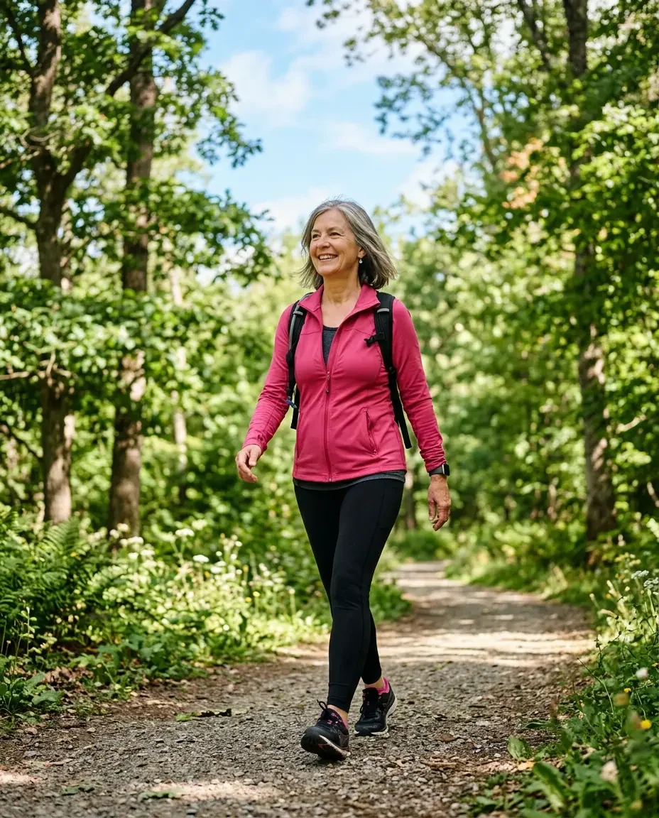 Active woman in her 60s walking outdoors, representing strength, mobility, and women's health in post-menopause years at Ms.Medicine