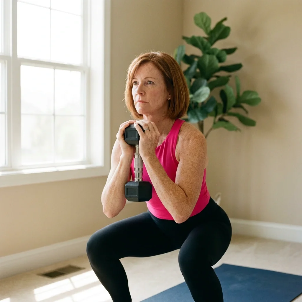 Strength training for women: woman in her 50s does a dumbbell goblet squat at home to build muscle