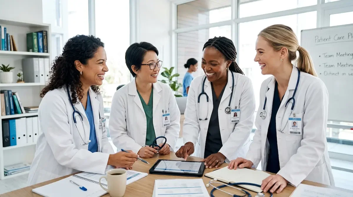 Four doctors in white coats and stethoscopes, committed to culturally competent care, gather around a table reviewing documents and a tablet, smiling together in a bright medical office.