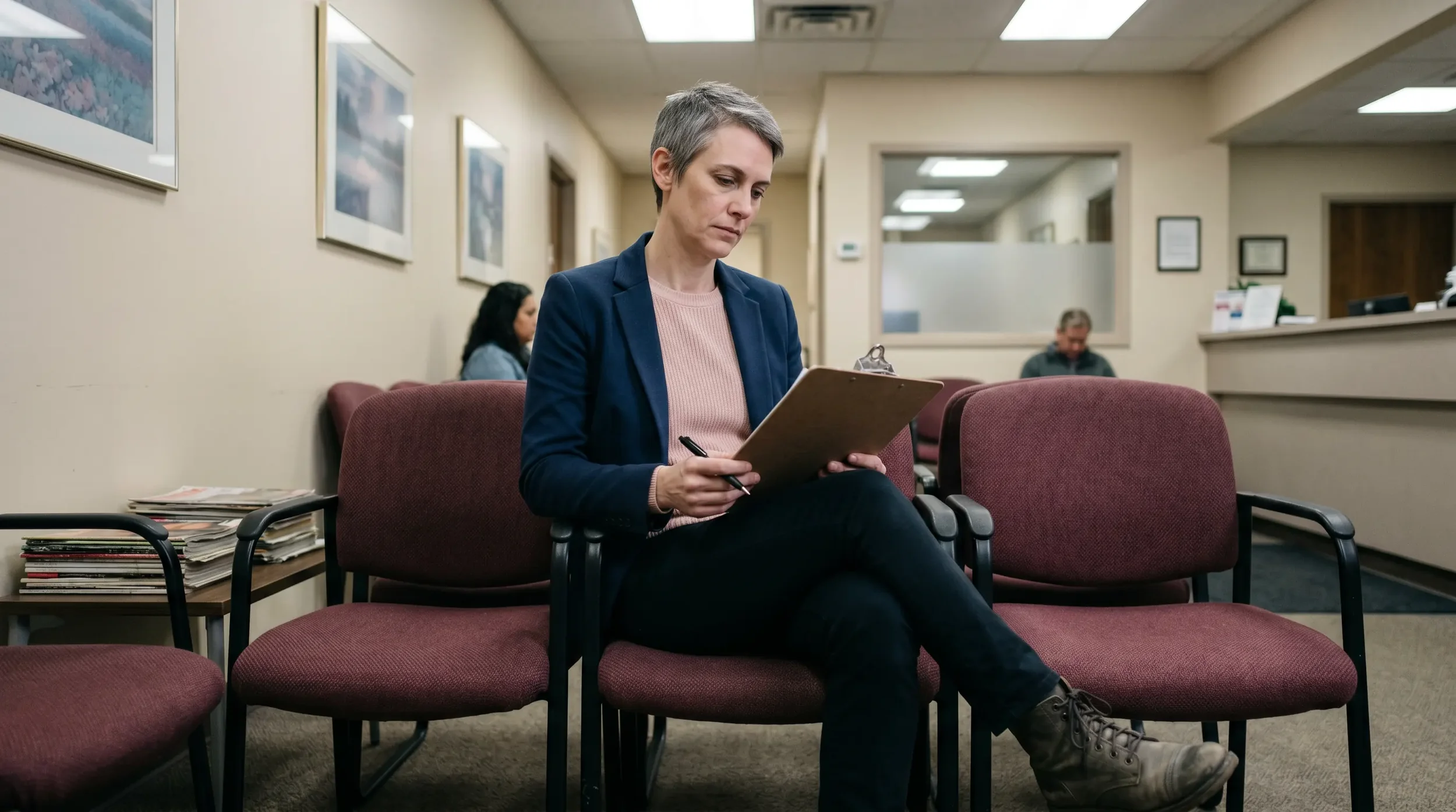 Gender-nonconforming patient in a standard medical waiting room, representing the healthcare system LGBTQ+ adults navigate that wasn't designed with their identities in mind