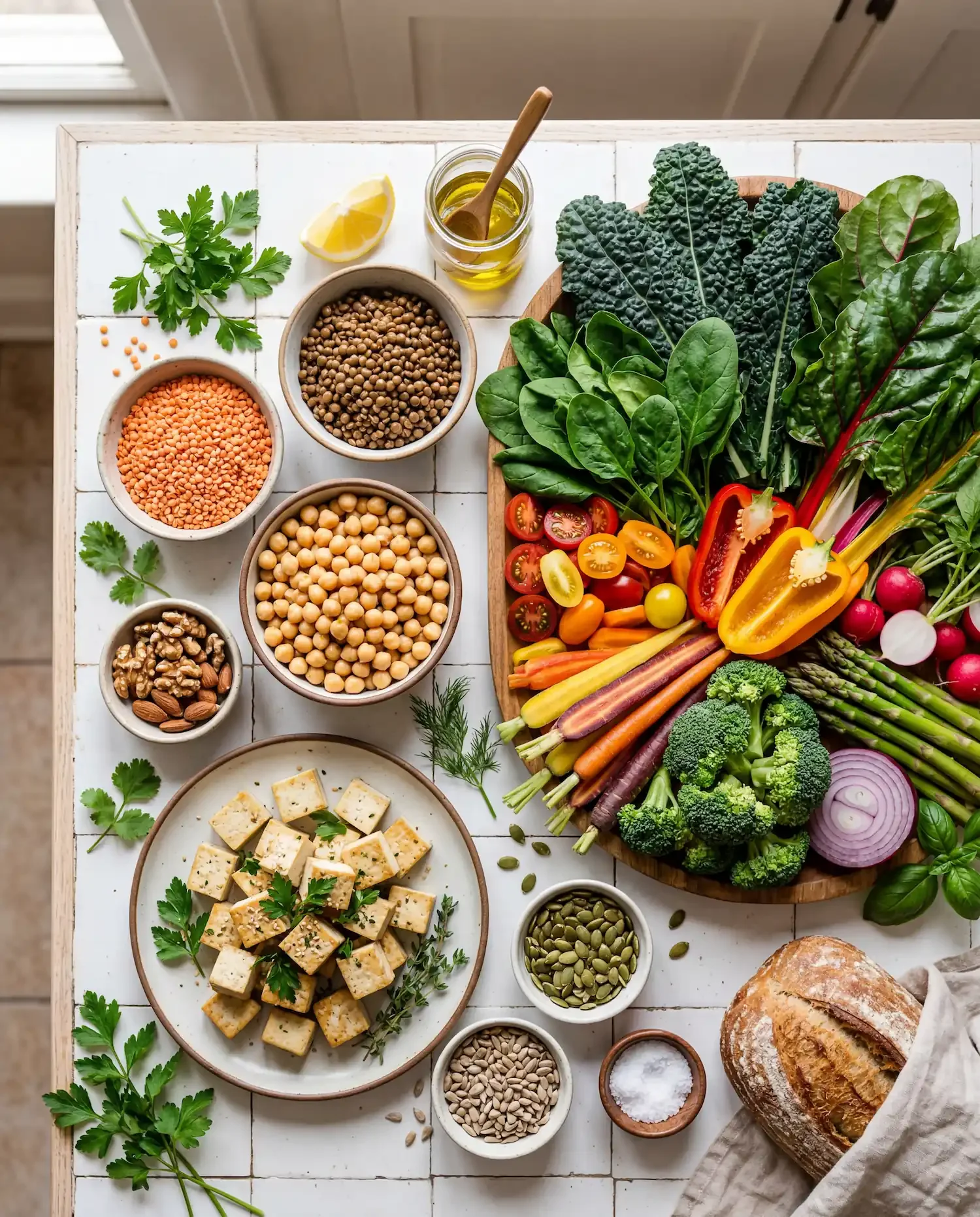 Plant-based ingredients including lentils chickpeas and leafy greens representing easy nutrition swaps for women's health at Ms.Medicine