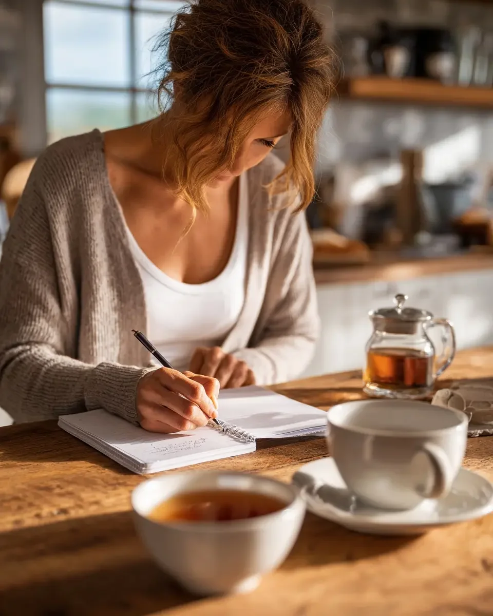 A woman sitting in her kitchen writing notes for her doctor's appointment.