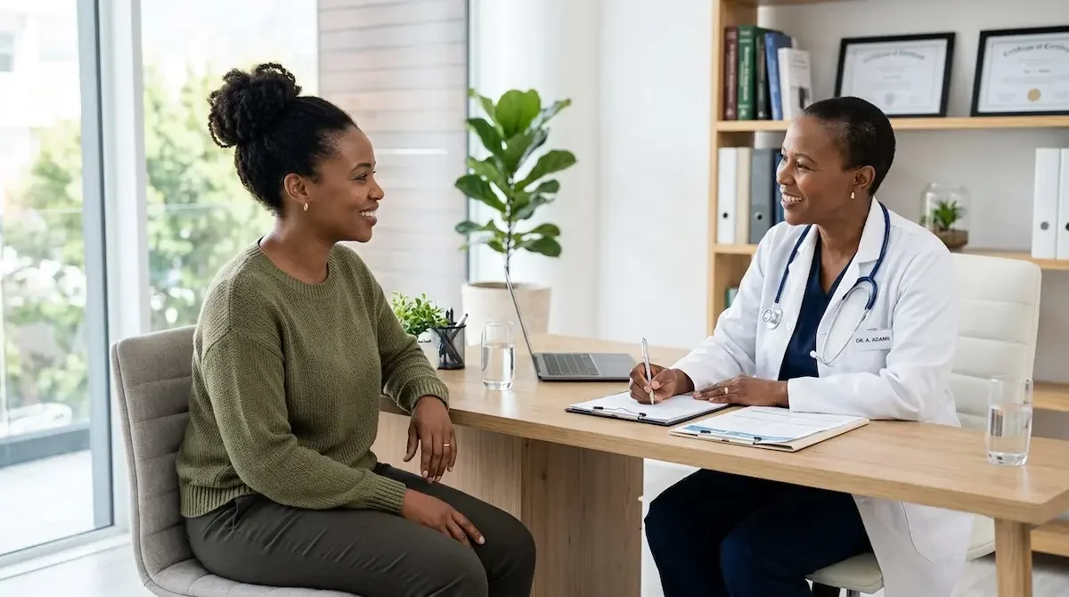 A doctor sits at a desk, smiling and taking notes while providing culturally competent care during a conversation with a patient in an office setting.