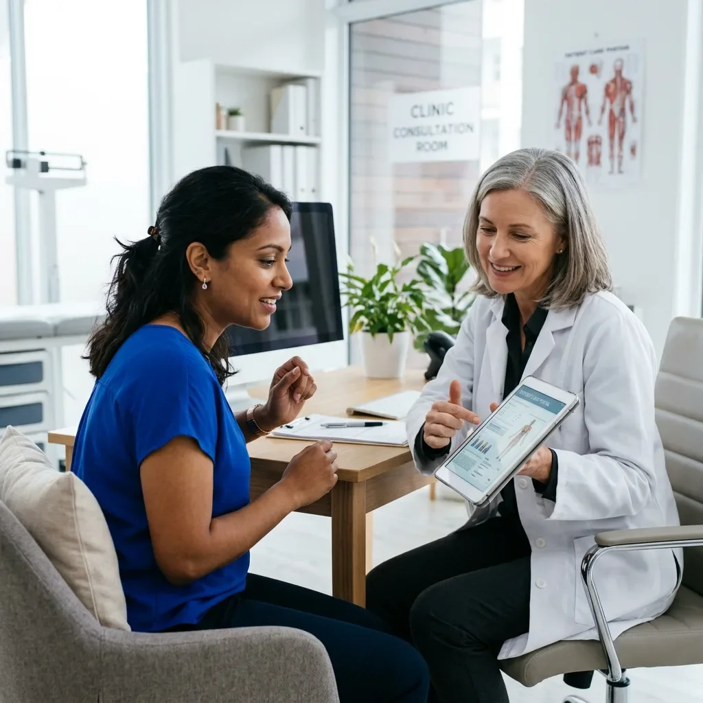 Woman reviewing cervical screening results with Ms.Medicine provider — gynecologic health