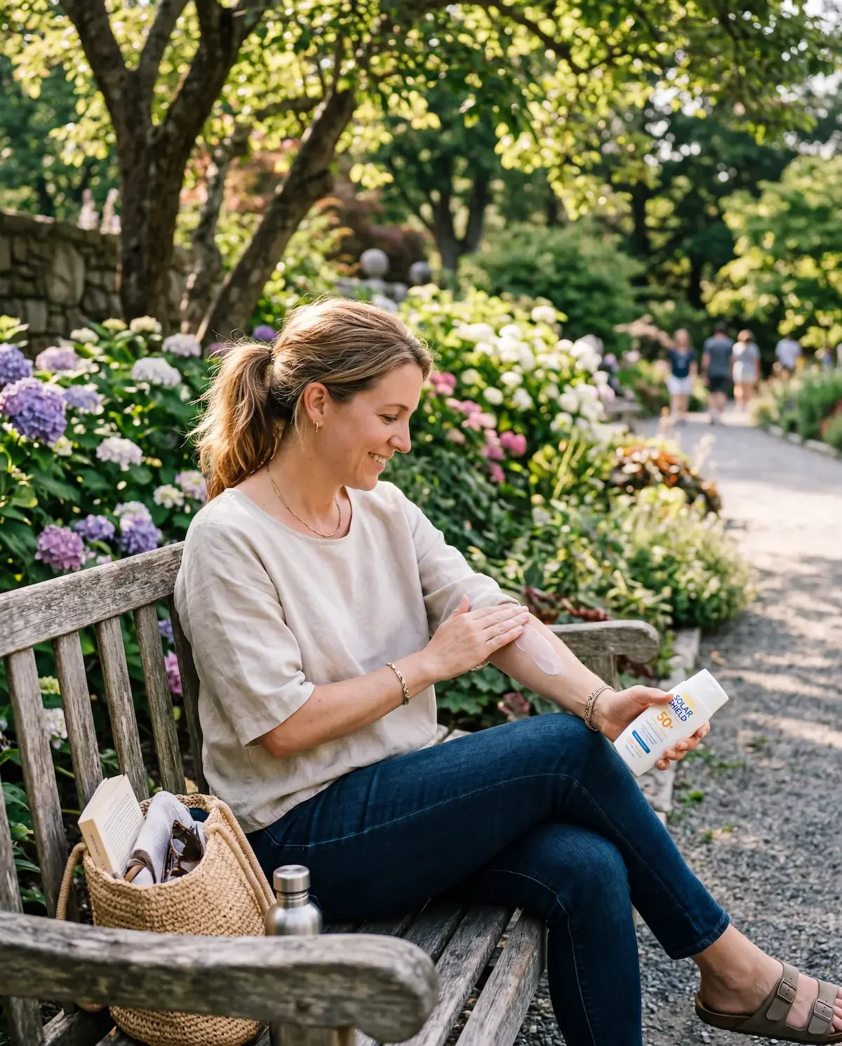 Woman reapplying sunscreen outdoors for skin cancer prevention — how often to reapply sunscreen