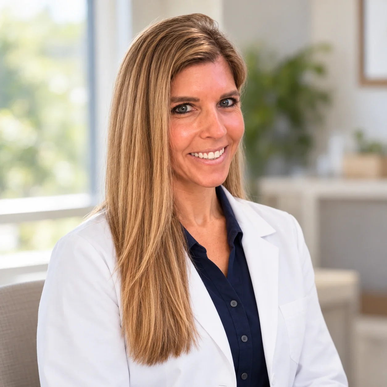 Concierge gynecology with Dr. Nikole Ostrov, smiling in a white coat and navy shirt in a sunlit office