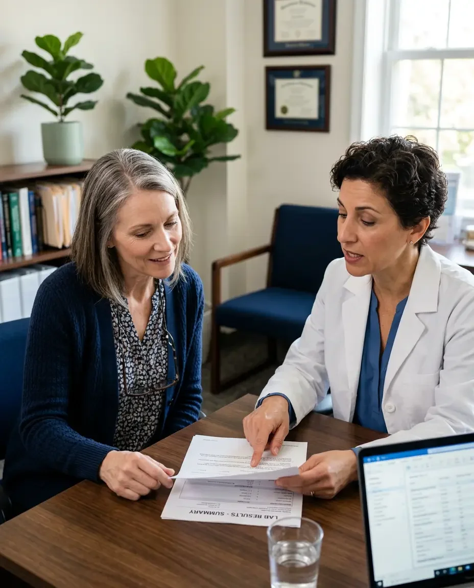 Female physician reviewing cardiovascular risk results with a midlife patient, representing Ms.Medicine's comprehensive approach to heart health screening and prevention for women