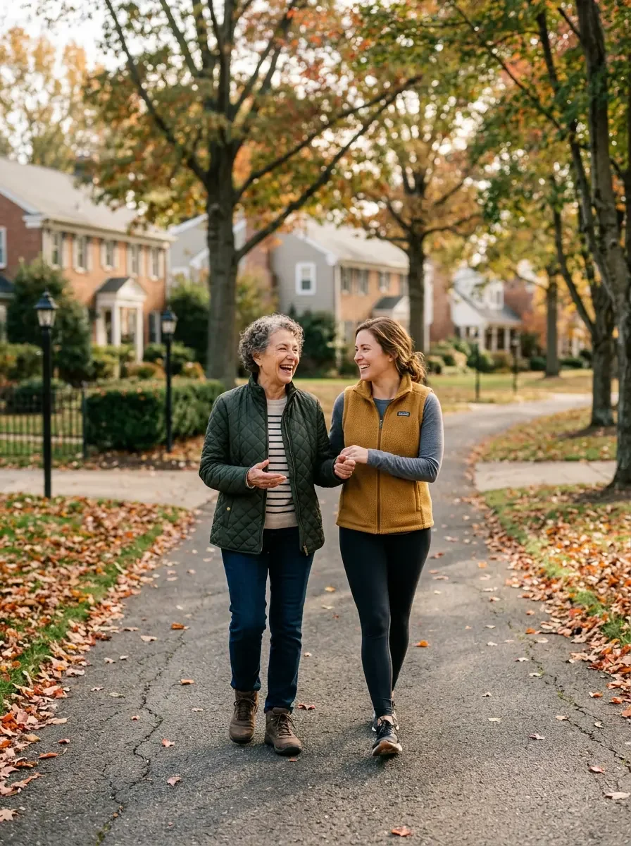 Two women walking together outdoors — preventive health and community wellness from Ms.Medicine