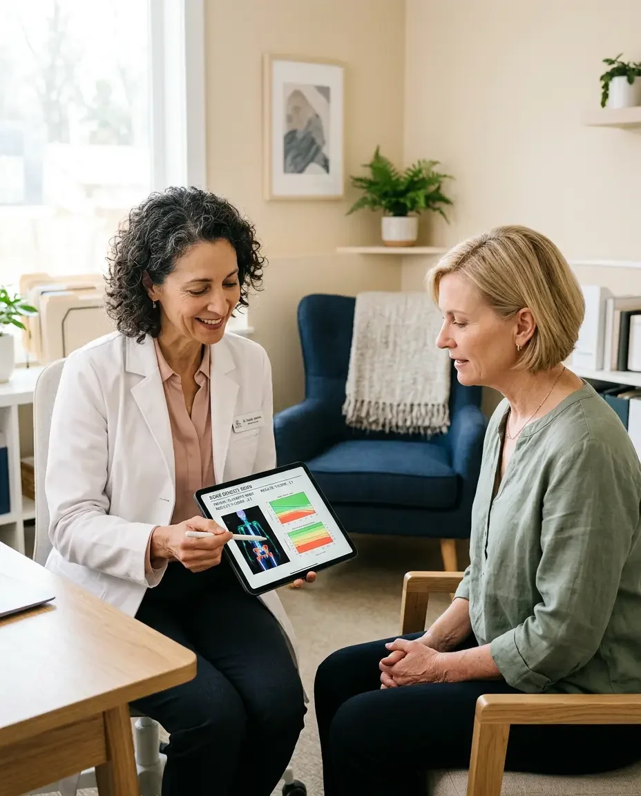 Physician reviewing a DXA bone density scan with a patient