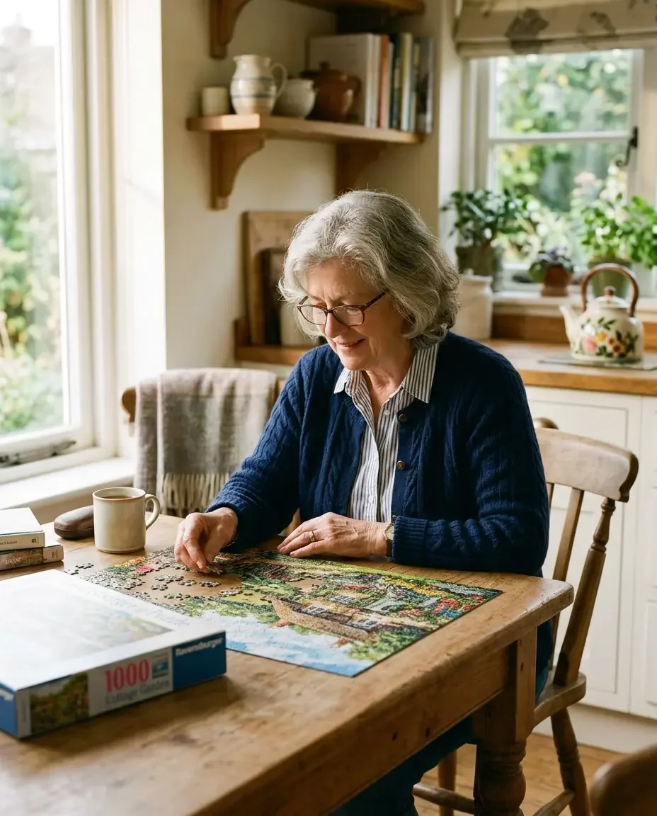 Ms.Medicine patient in her 60s staying mentally active with puzzles representing cognitive health strategies for healthy aging