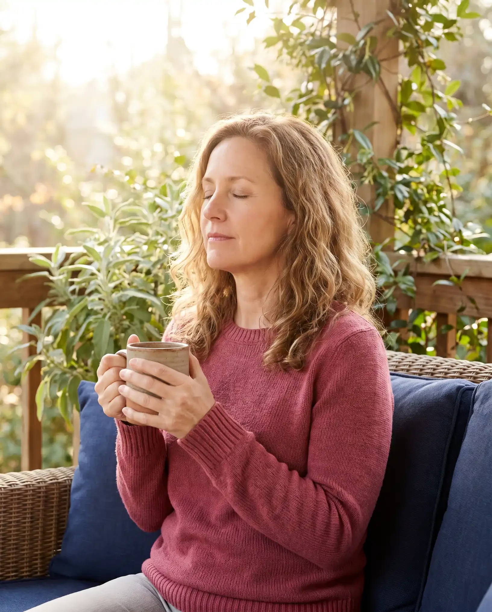 Stress and blood sugar in midlife: woman breathing calmly with a mug on a sunny patio