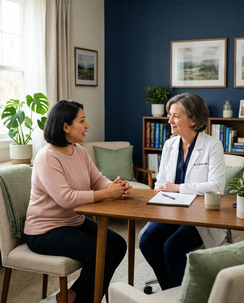 Female physician consulting with a patient in her 40s about perimenopause symptoms and hormonal health