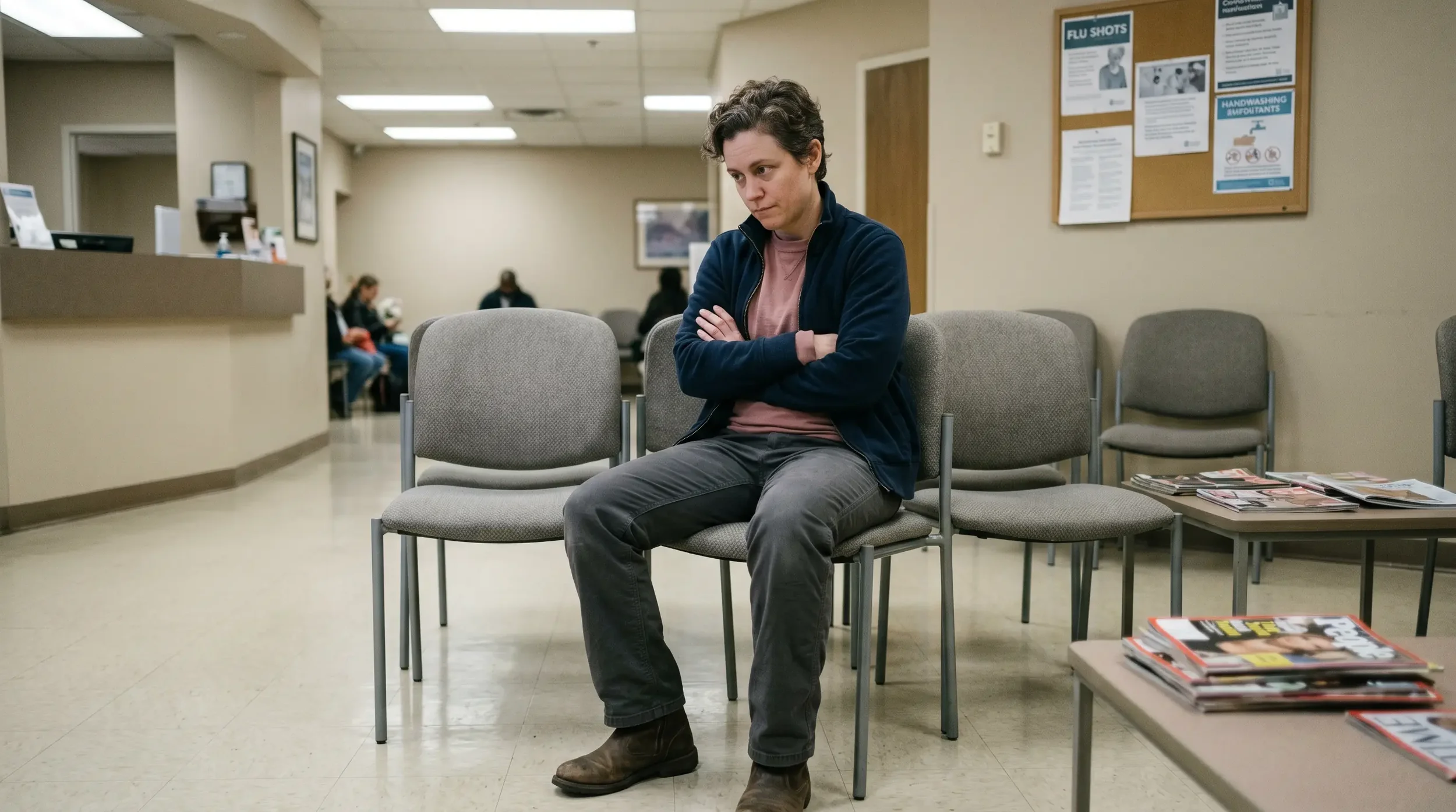 Gender-nonconforming patient sitting in a sterile waiting room with a guarded expression, representing the LGBTQ+ patients who delay or avoid healthcare due to past experiences with discrimination