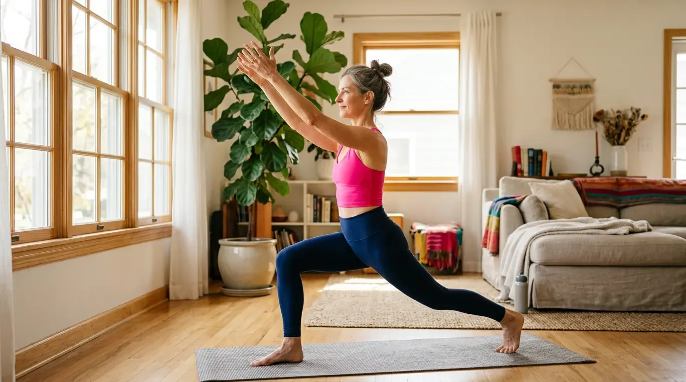 Woman in her early 50s doing yoga at home, representing the active lifestyle habits that support cardiovascular health and reduce heart attack risk in women