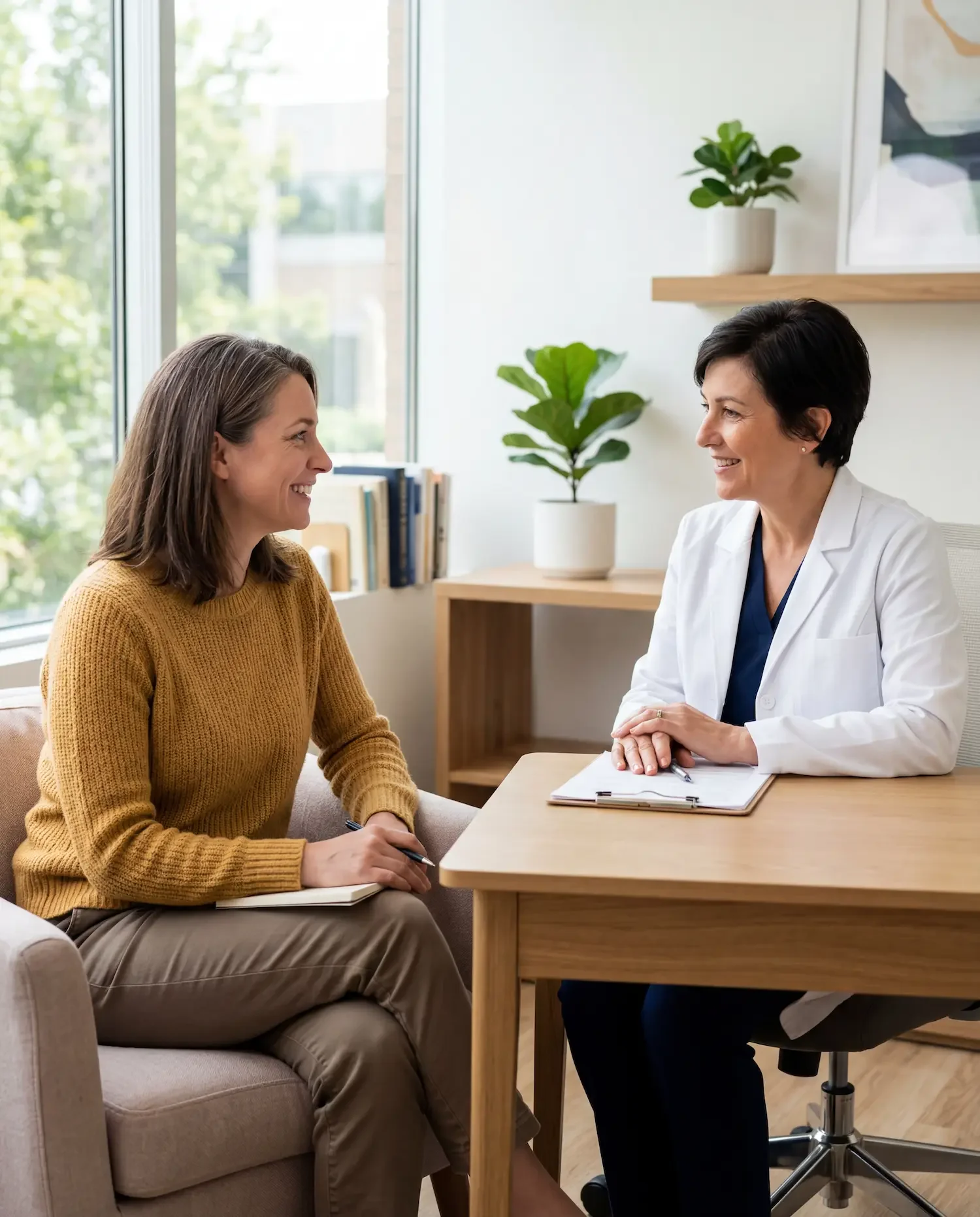 Ms.Medicine provider discussing hormone-related asthma and allergy symptoms with a woman patient in a personalized consultation
