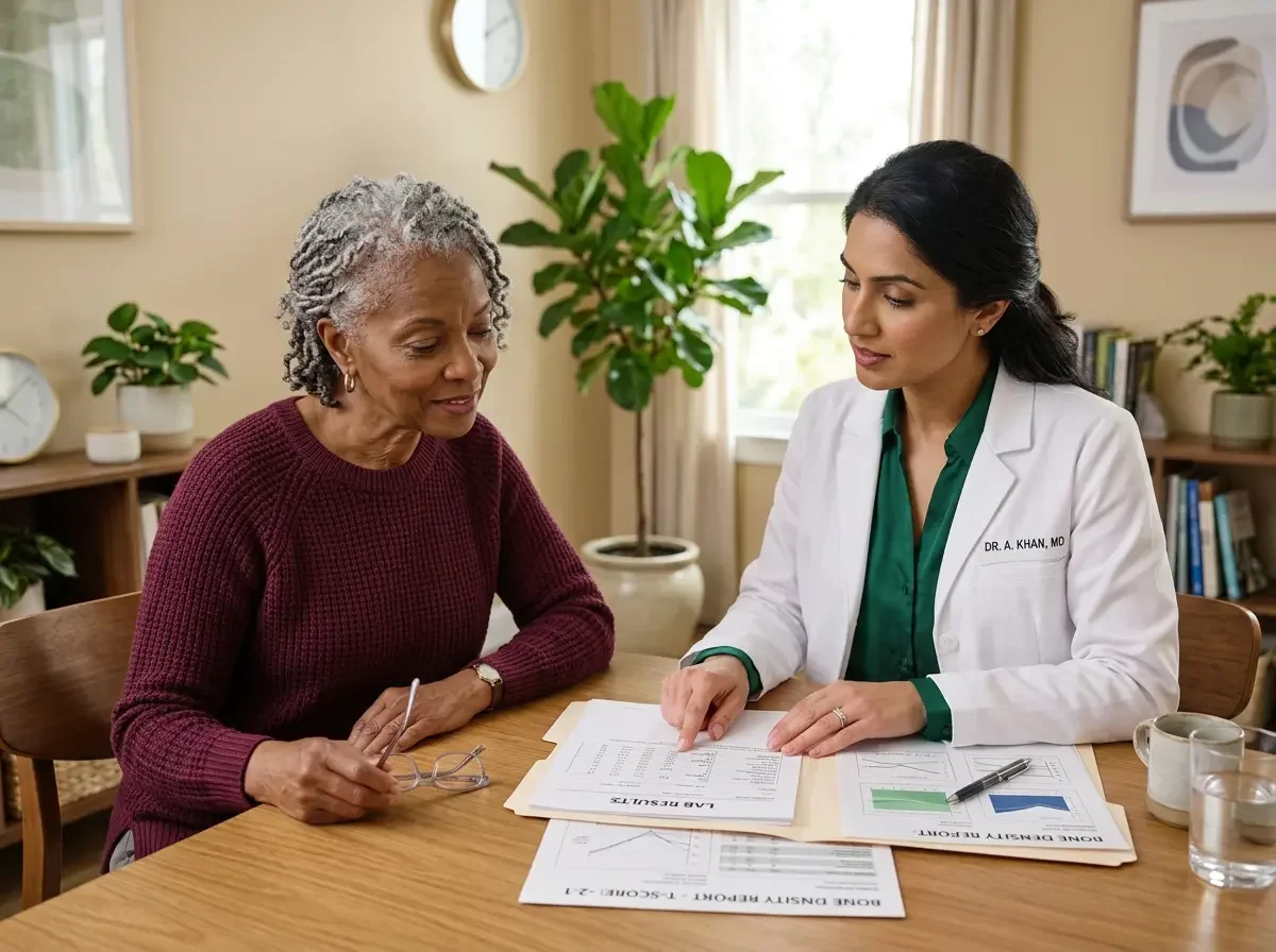 Ms.Medicine physician reviewing bone density and lab markers with a patient