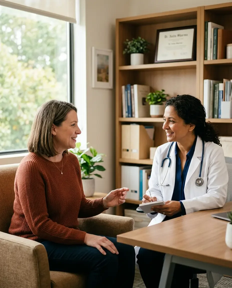 Ms.Medicine provider consulting with a midlife woman patient about female hair loss causes hormonal health and personalized treatment options