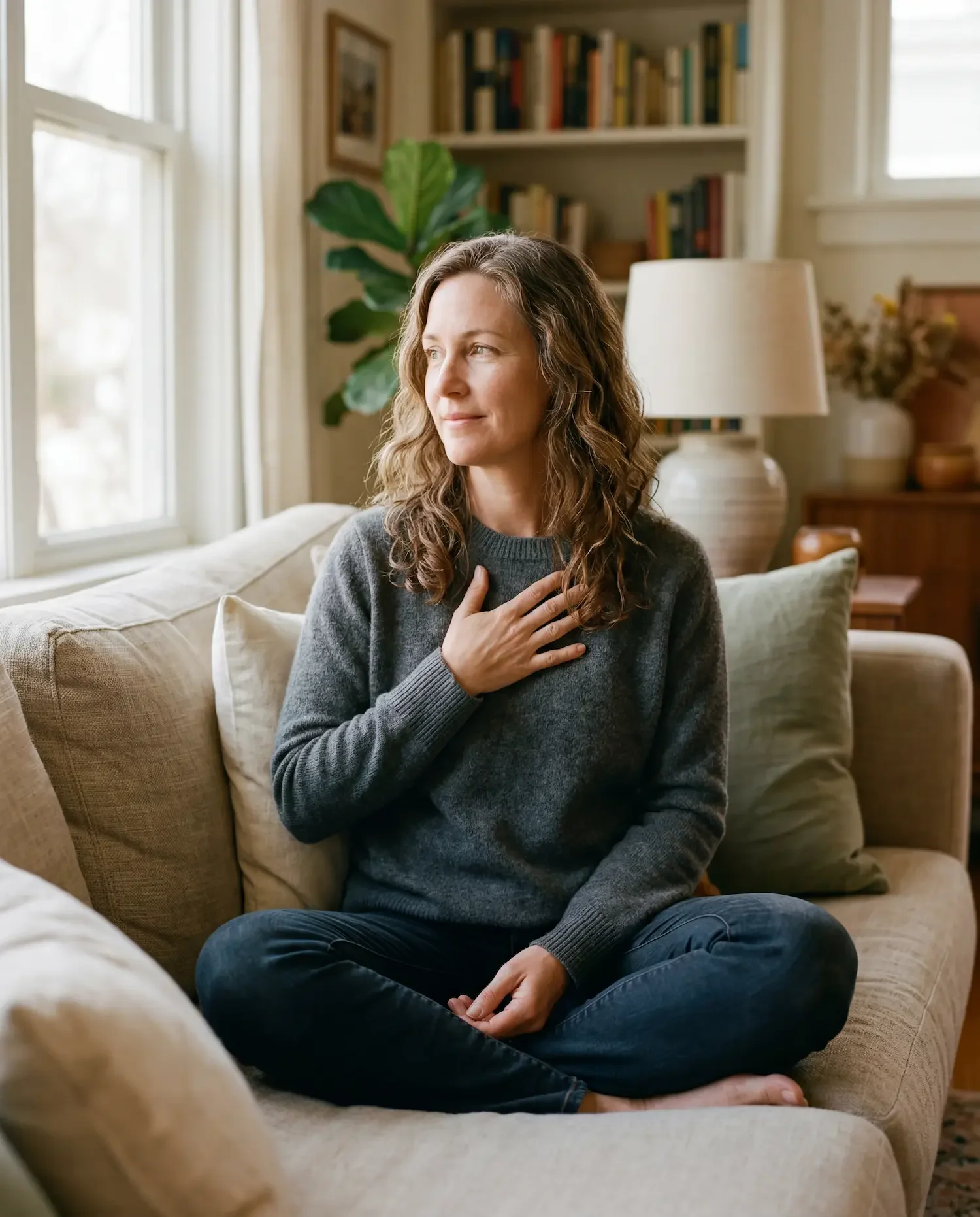 Woman reflecting on respiratory symptoms representing hormonal life stages and their impact on asthma and allergies in women