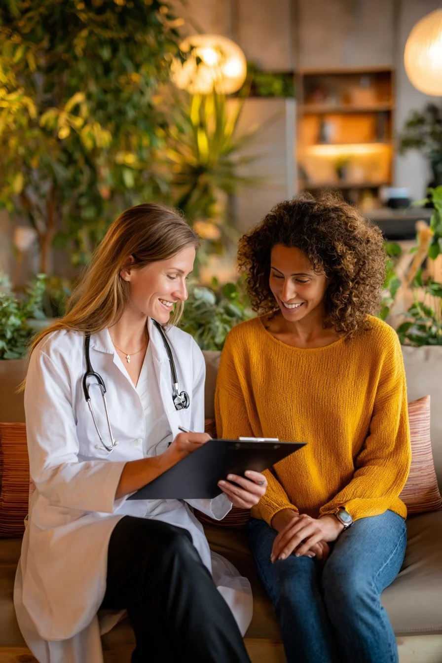 Female patient and doctor sitting together in a modern clinic, reviewing health notes—symbolizing personalized, supportive women’s healthcare.