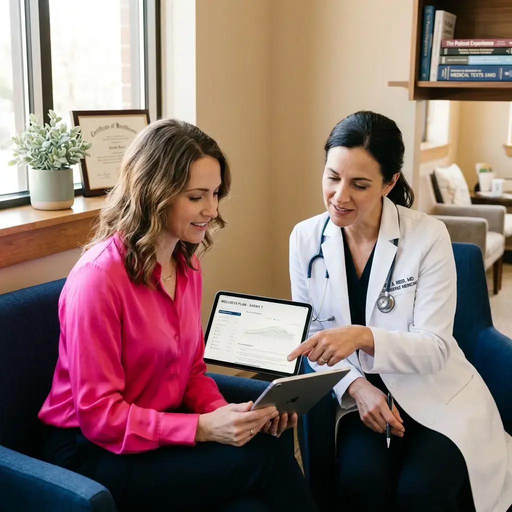 Woman and physician reviewing PMOS care plan together — Ms.Medicine on what the PCOS rename demands from primary care