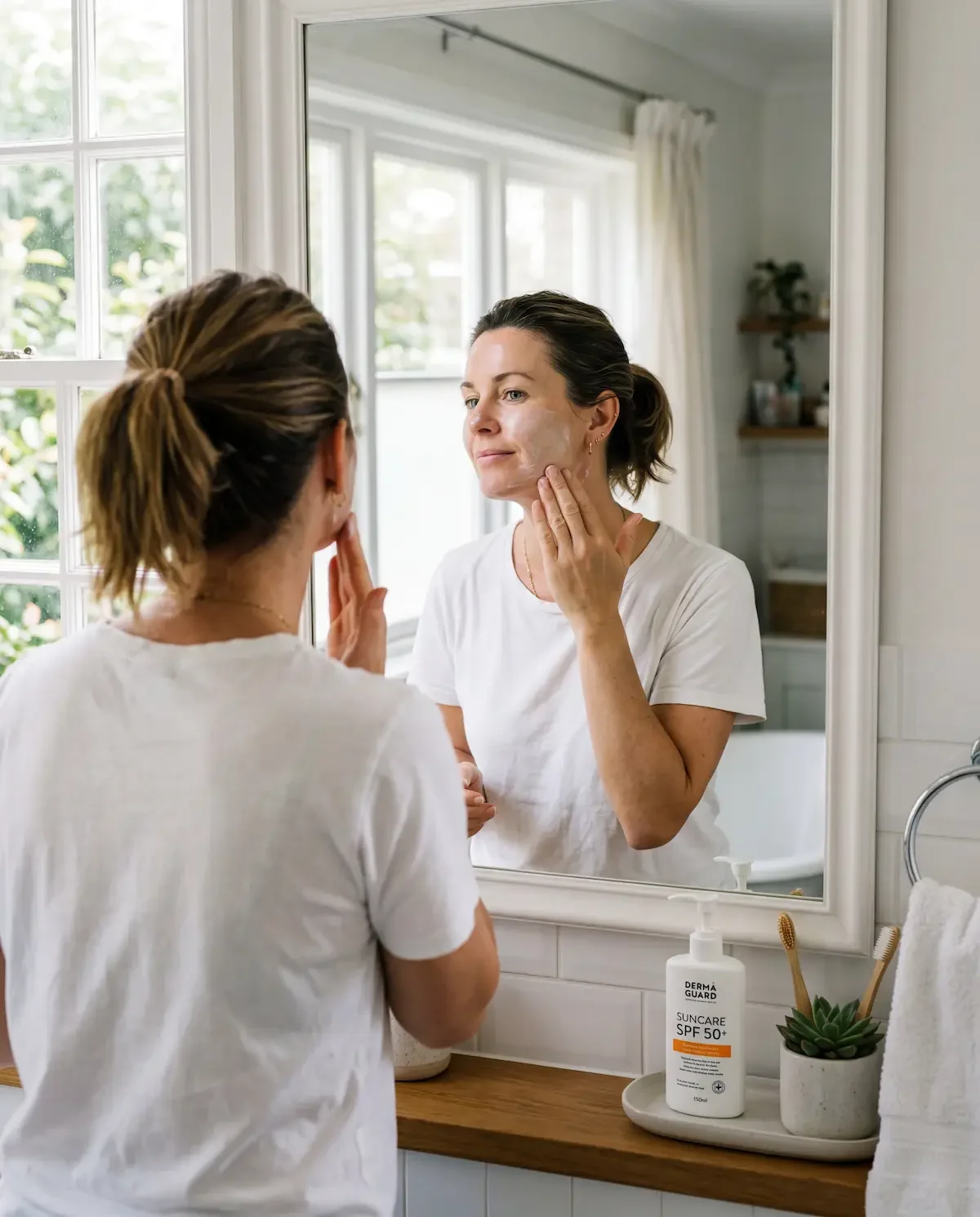 Woman applying sunscreen to face and neck — Ms.Medicine tips on sunscreen quantity and coverage