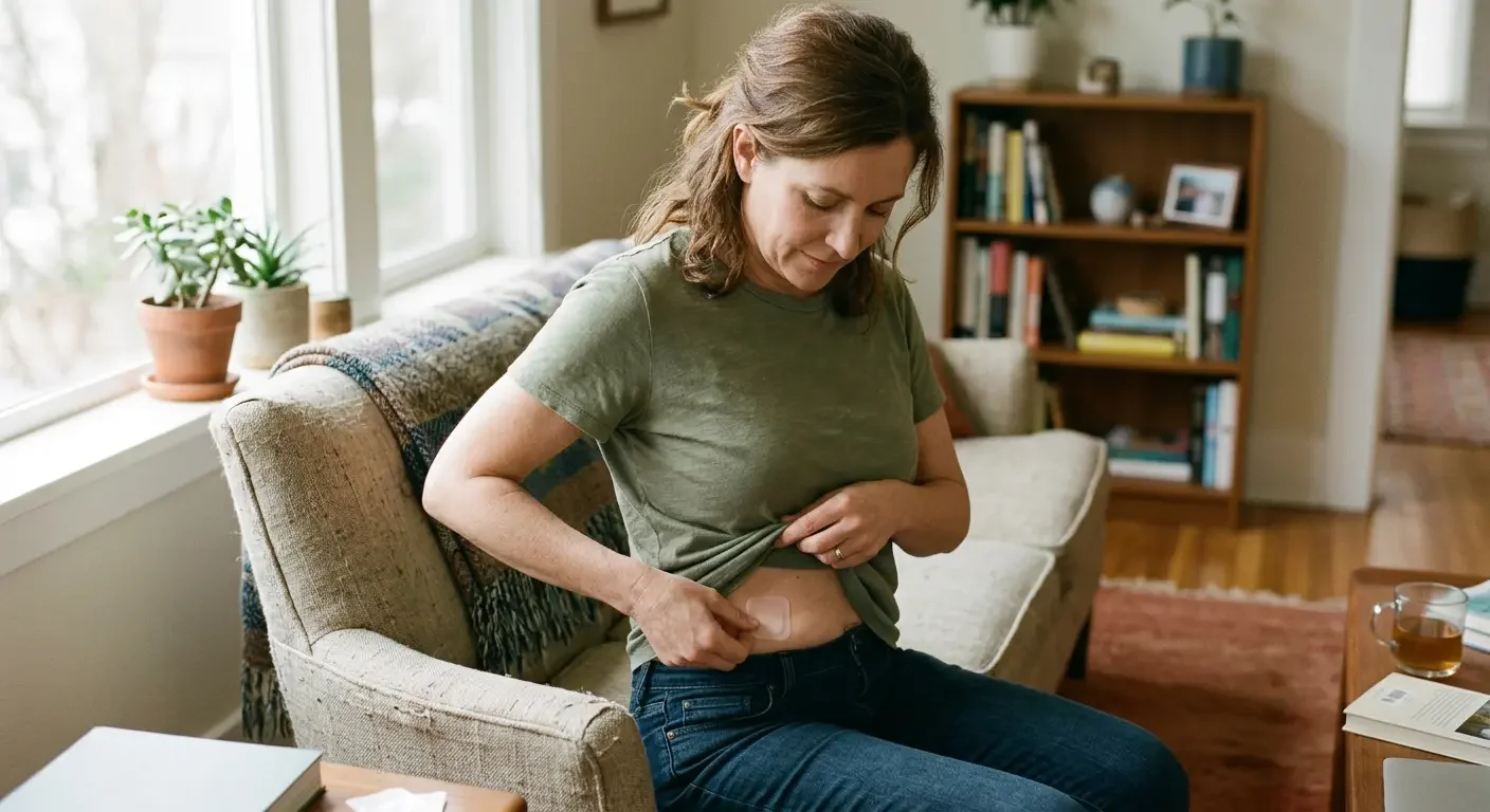Woman applying hormone patch to abdomen at home — hormone health care with Ms.Medicine