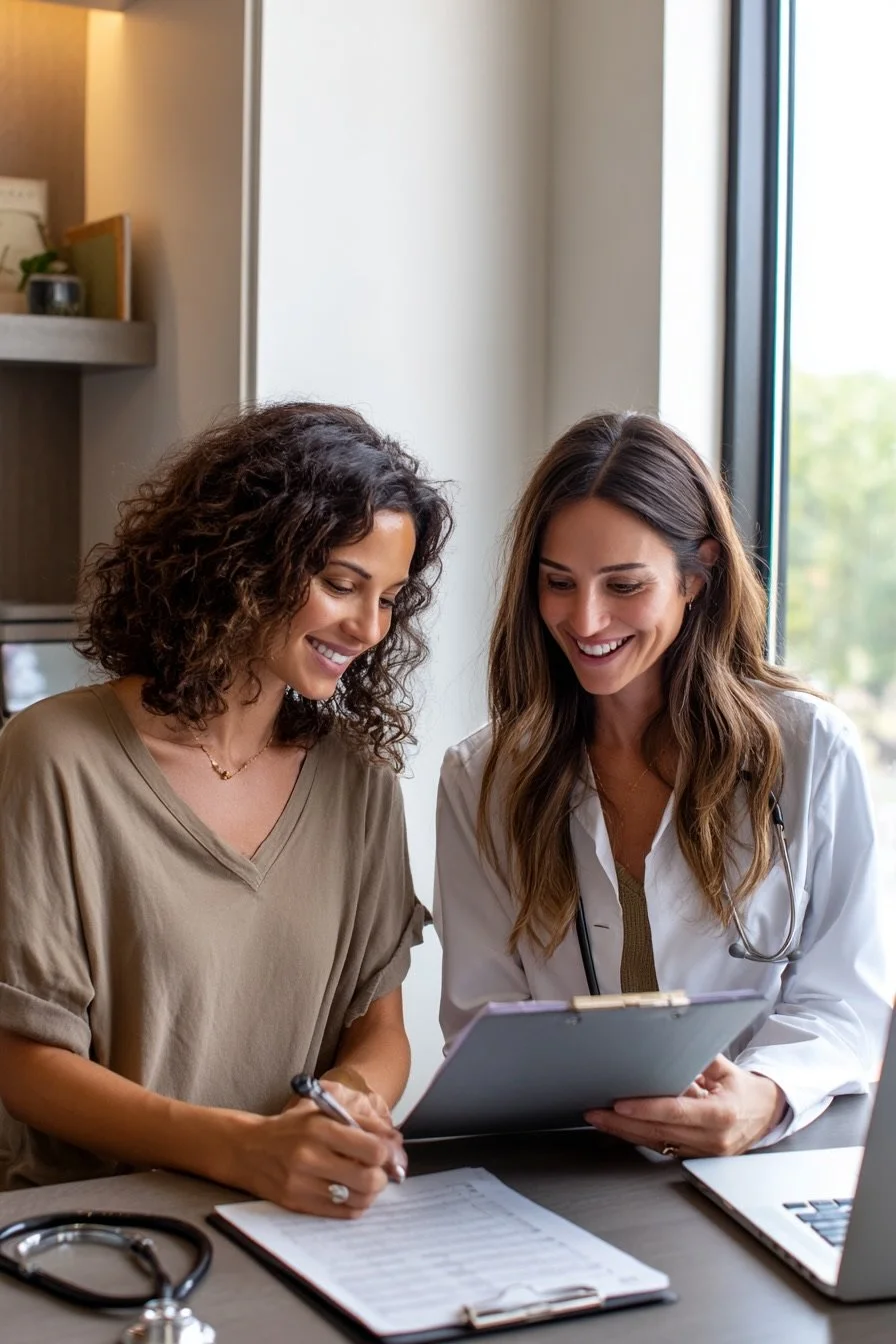 confident woman in her 40s having a relaxed, attentive conversation with a compassionate female doctor inside a bright, modern medical office