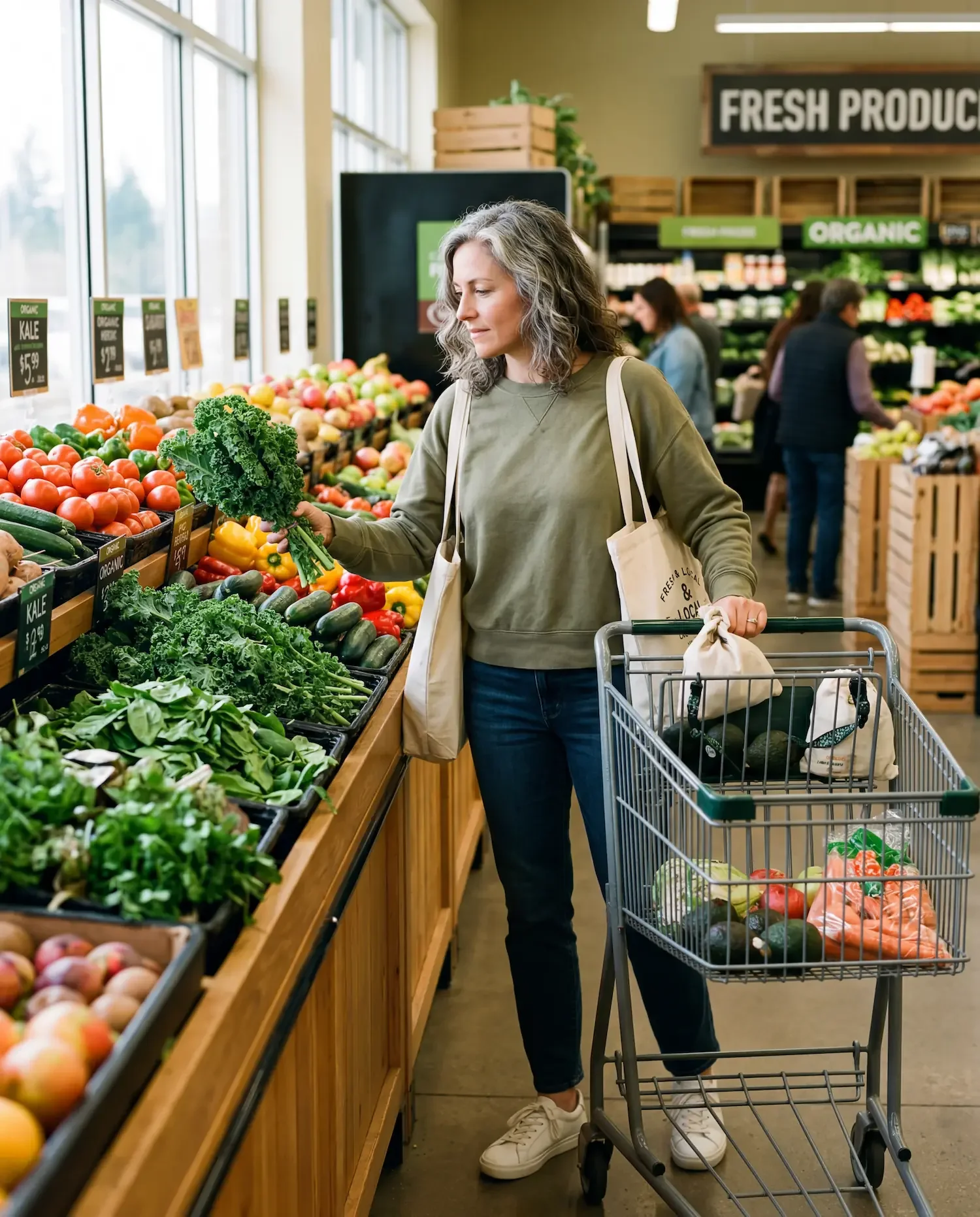 Woman selecting fresh produce representing mindful plant-based nutrition and balanced eating for women's long-term wellness