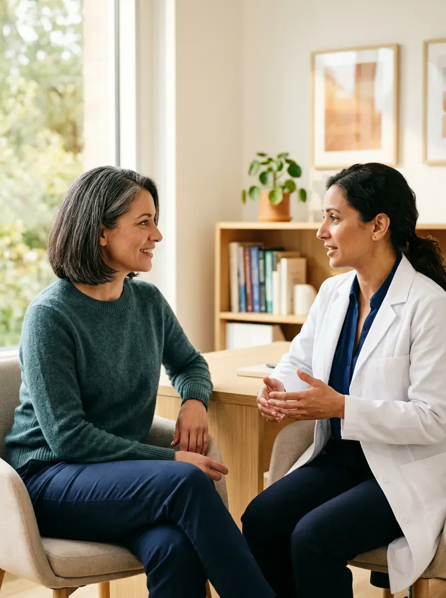 Ms.Medicine provider discussing personalized screening recommendations with a woman in her 40s including mammogram and perimenopause care