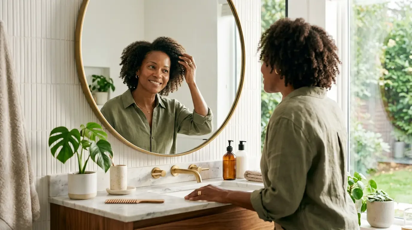 Woman in her late 40s examining her hair representing female hair loss in midlife menopause symptoms and women's health at Ms.Medicine