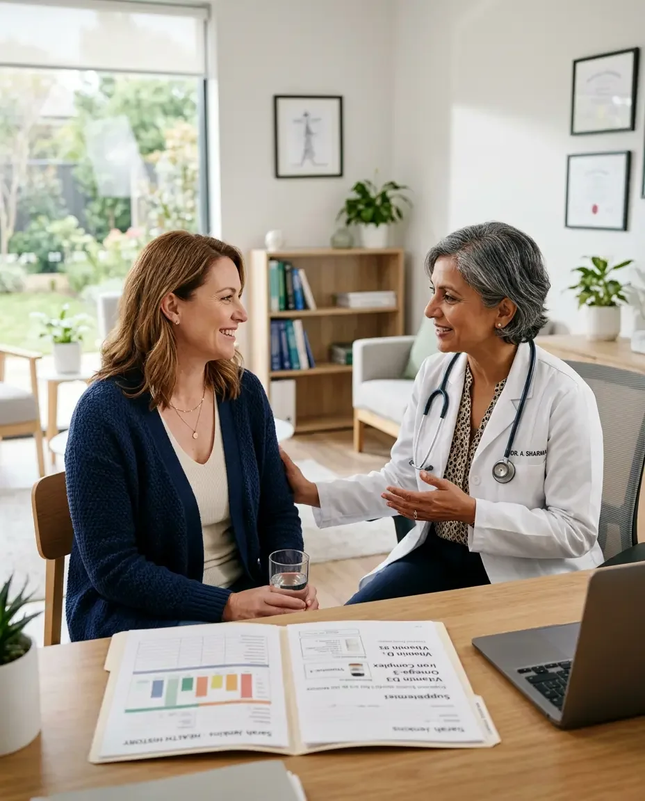 Ms.Medicine provider discussing personalized supplement recommendations with a woman patient based on her individual health history