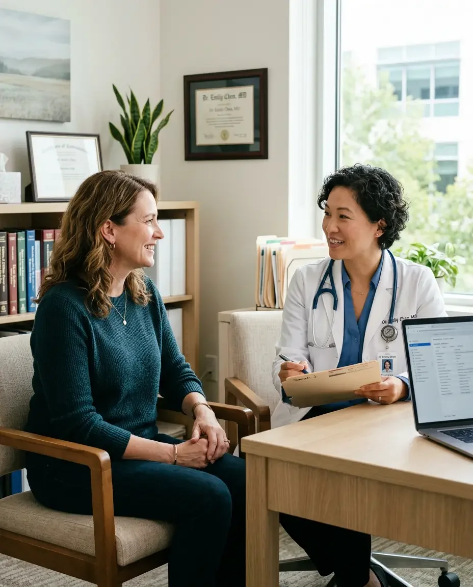 Ms.Medicine provider consulting with a woman patient about personalized perimenopause care and hormone management treatment options.