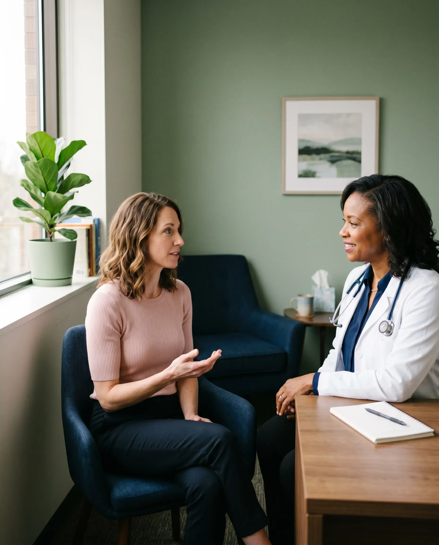 Female physician in an open consultation with a patient about sexual health, representing the evidence-based clinical approach to women's sexual wellness at Ms.Medicine